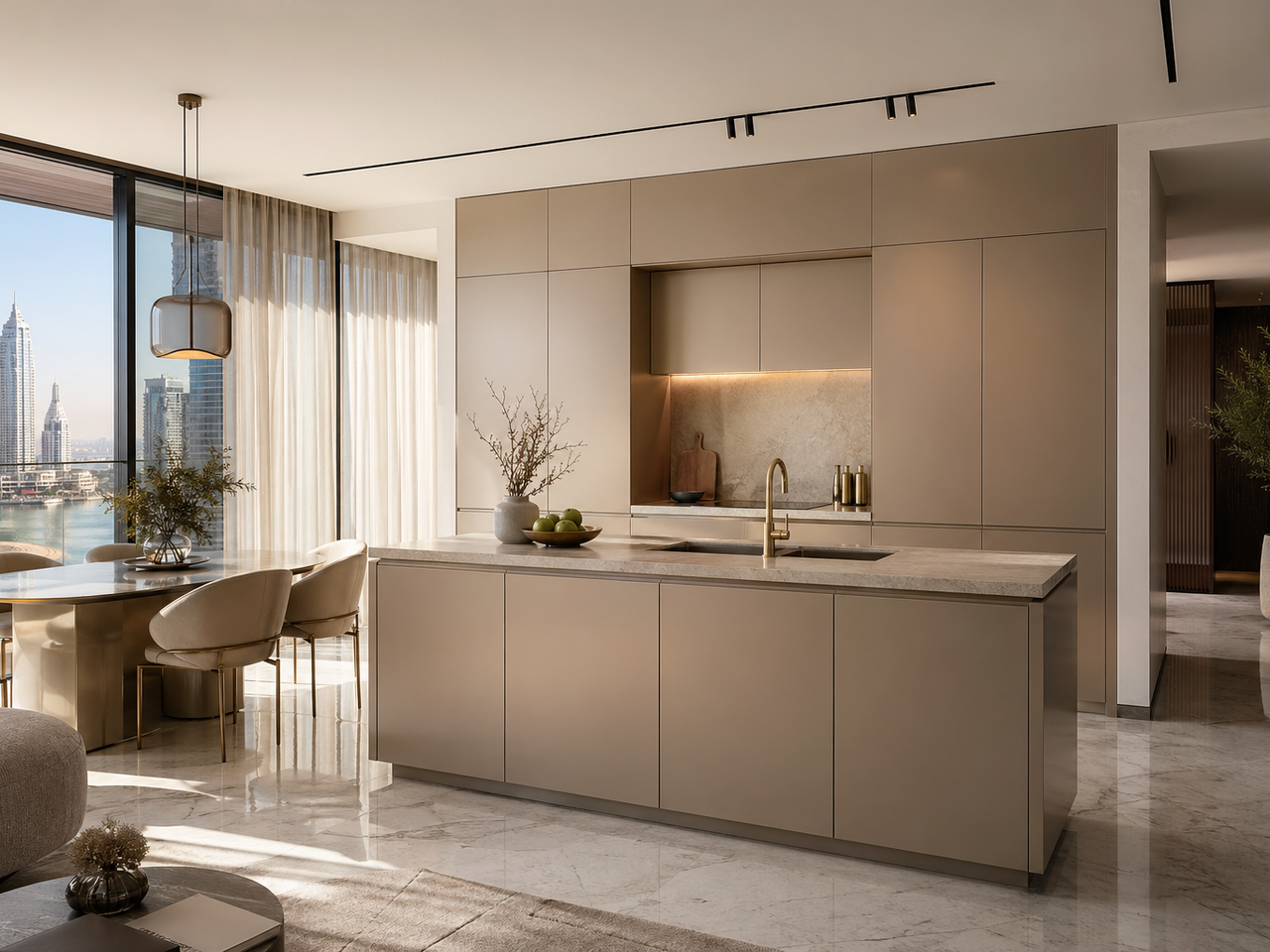 Fadior Dubai Compact Residence — cabinet island, marble floor, balcony window, skyline — 304 stainless steel cabinetry installation by Fadior