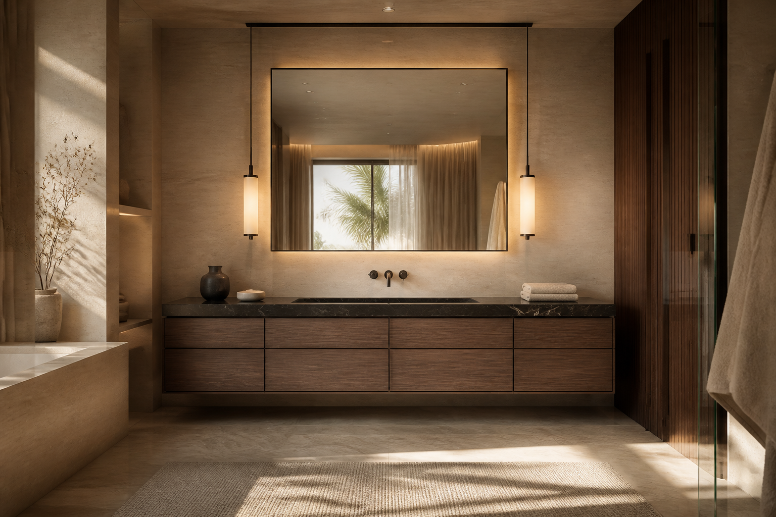 Fadior Nacre Bath and Vanity Suite with Porcelain Radiance Washwall — lifestyle setting with natural light and residential