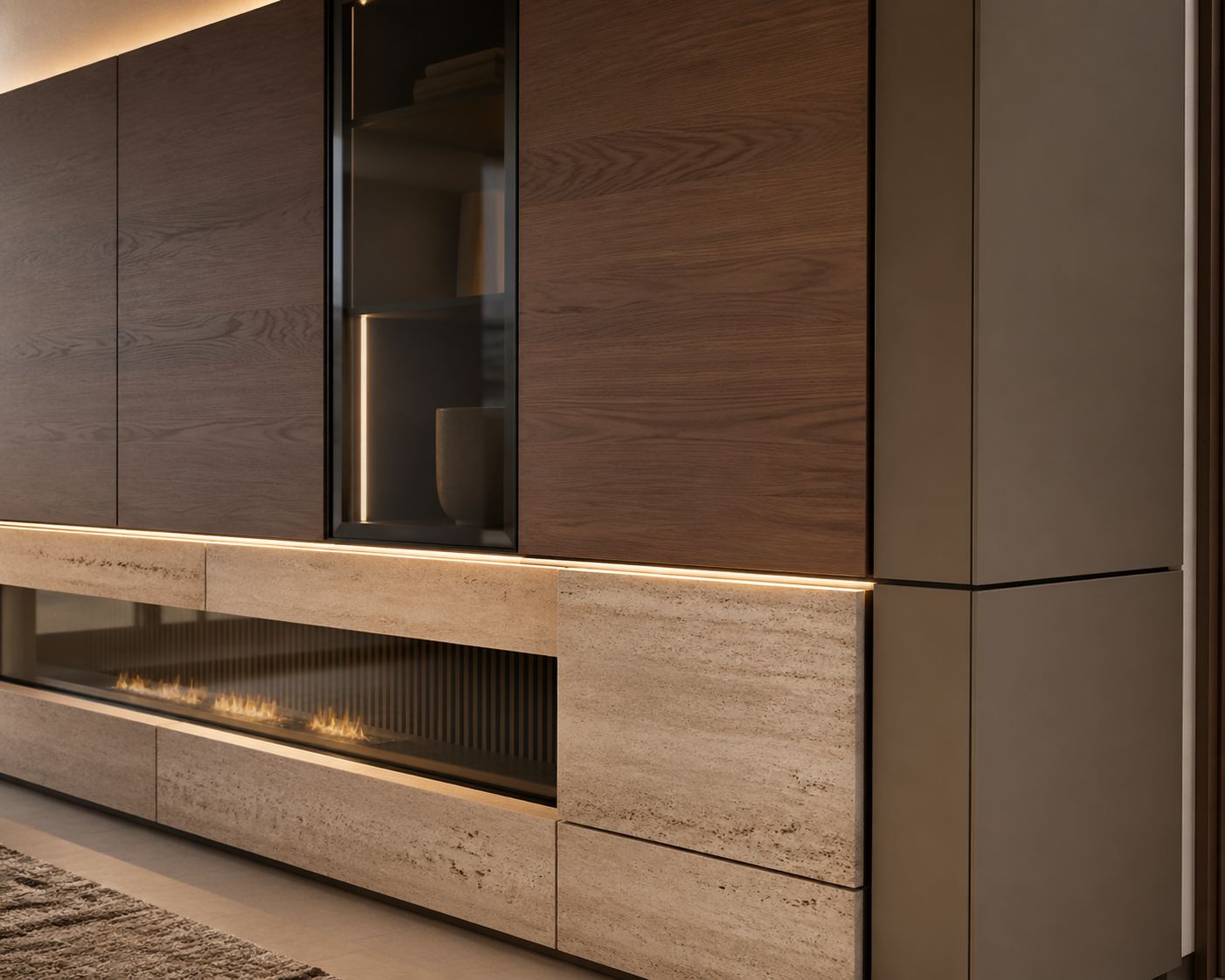 Fadior Silvan Living Room Suite with Linear Hearth Storage Frame — close-up of stainless steel finish and hardware detail
