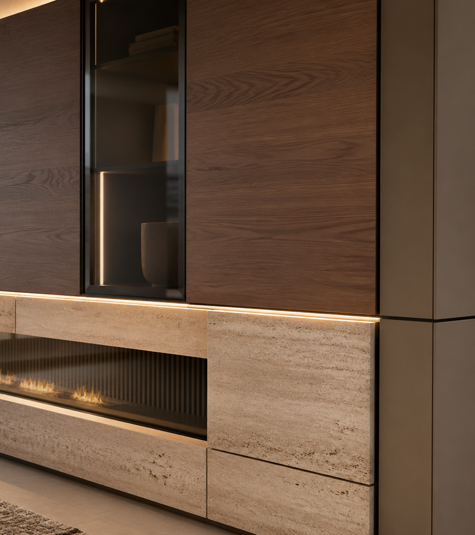 Fadior Silvan Living Room Suite with Linear Hearth Storage Frame — close-up of stainless steel finish and hardware detail