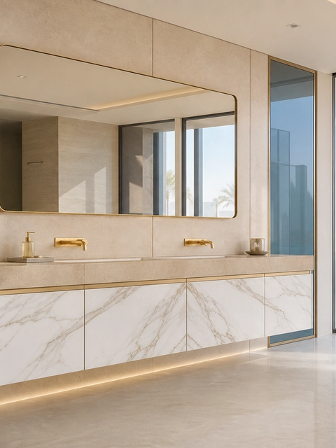 Fadior Voyage Bath Calacatta Basin Gallery — 304 stainless steel bath and vanity system, front view