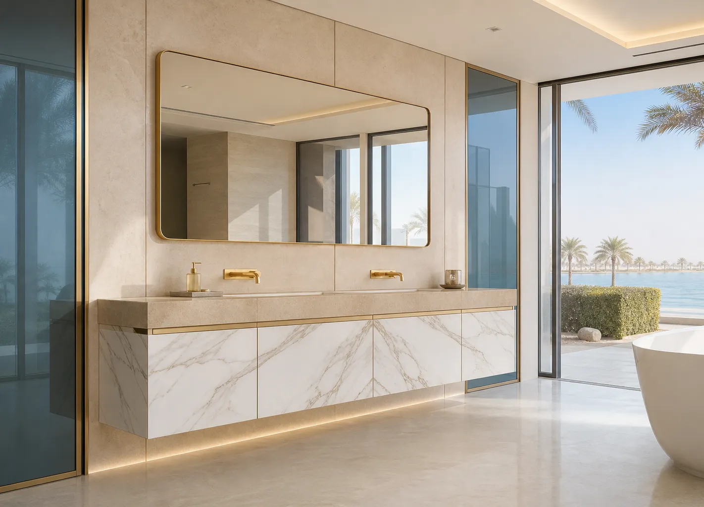 Fadior Voyage Bath Calacatta Basin Gallery — 304 stainless steel bath and vanity system, front view