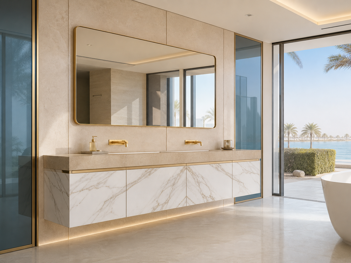 Fadior Voyage Bath Calacatta Basin Gallery — 304 stainless steel bath and vanity system, front view