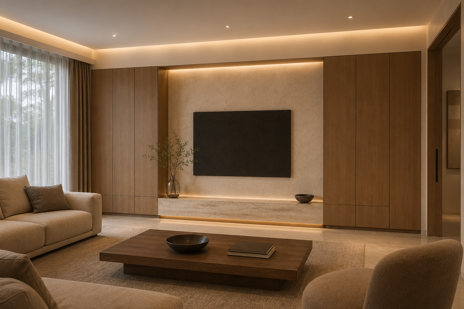 Fadior Patina Living Room Suite with Mineral Hearth Media Wall — interior room context showing cabinet integration