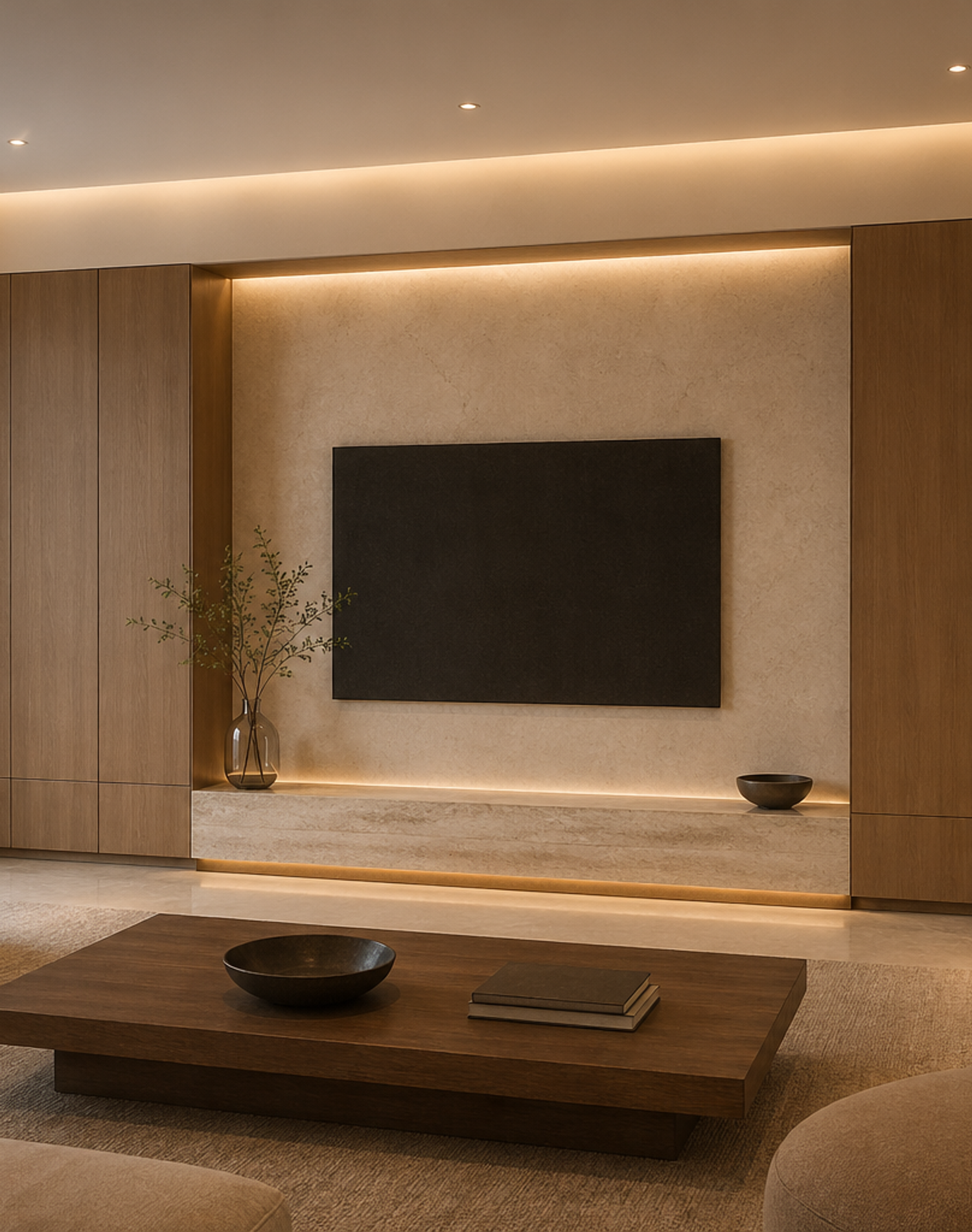 Fadior Patina Living Room Suite with Mineral Hearth Media Wall — interior room context showing cabinet integration