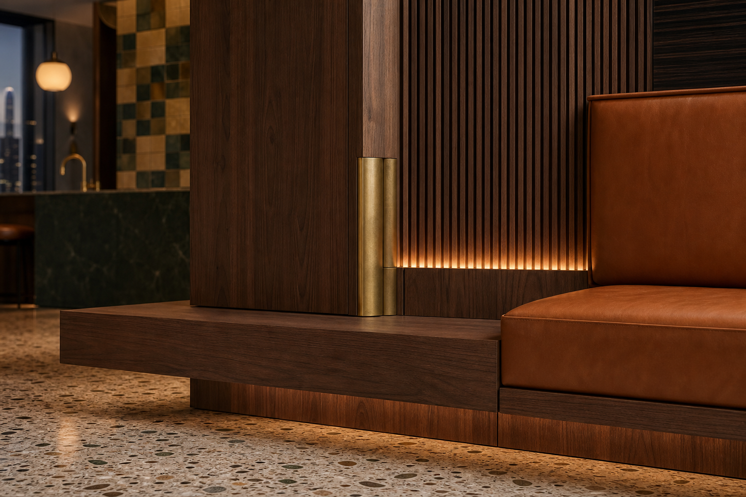 Fadior Zenith Living Room Suite with Cantilevered Listening Hearth — close-up of stainless steel finish and hardware detail