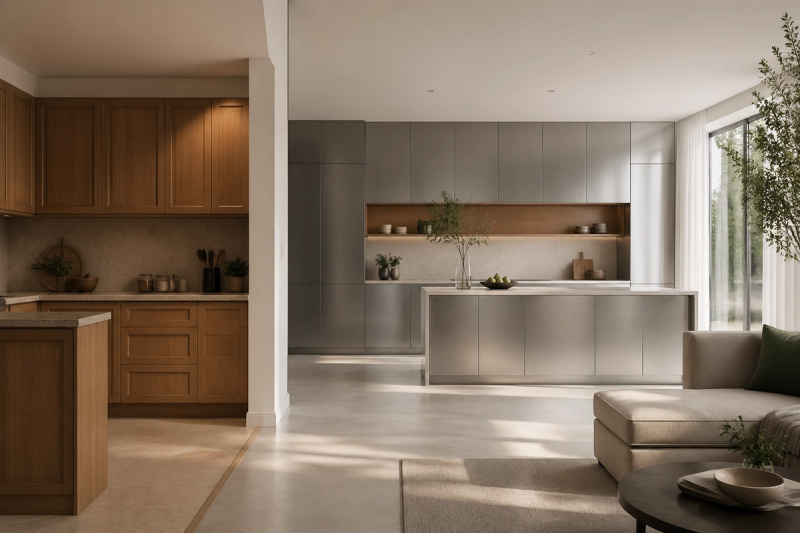 Decision comparison scene: a conventional panel-based kitchen mood contrasted with a calmer glue-free 304 stainless steel whole-home setting.