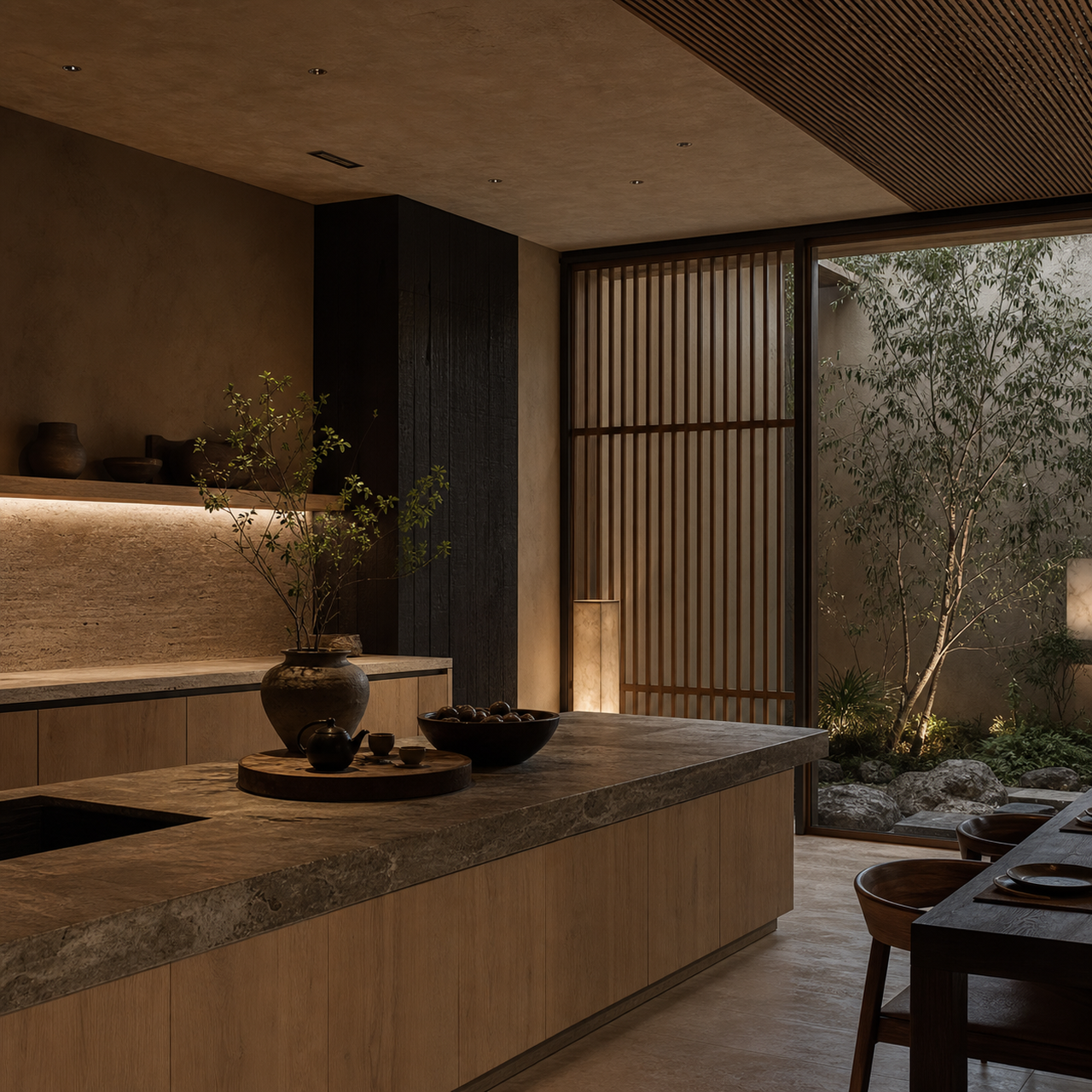 Residential kitchen context with shaded terrace, oak cabinetry, and stone surfaces for humid Gulf use.