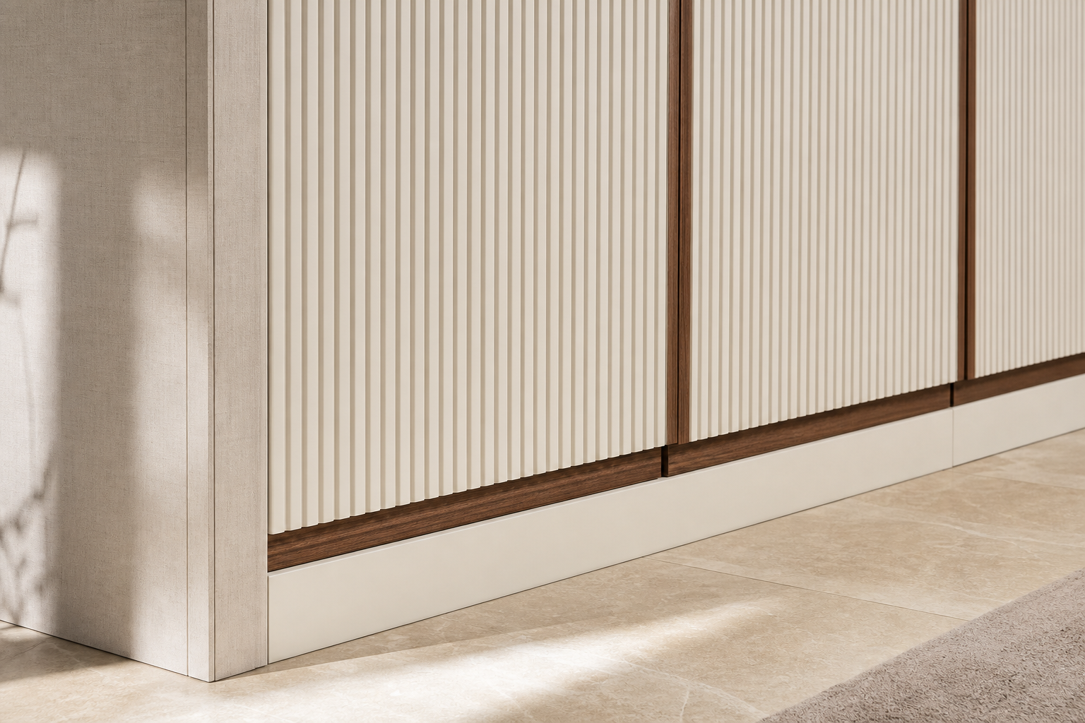 Fadior Voyage Wardrobe Suite with Pearl Ribbed Dressing Bay — close-up of stainless steel finish and hardware detail