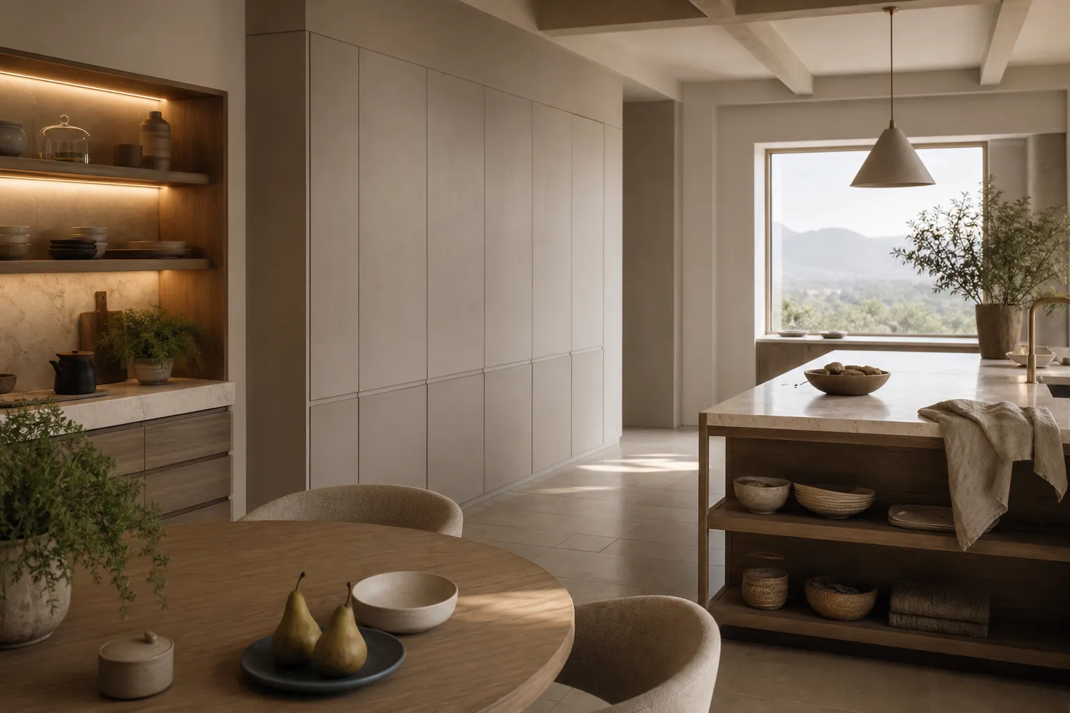 Calm villa kitchen with integrated storage and breakfast area
