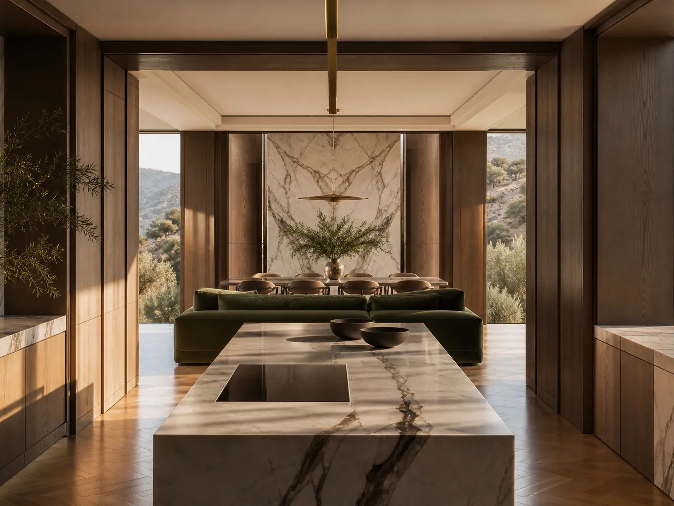 Fadior Athens 450 sqm Kitchen Villa — Fadior Athens villa kitchen with marble island, oak parquet, walnut wall panels,