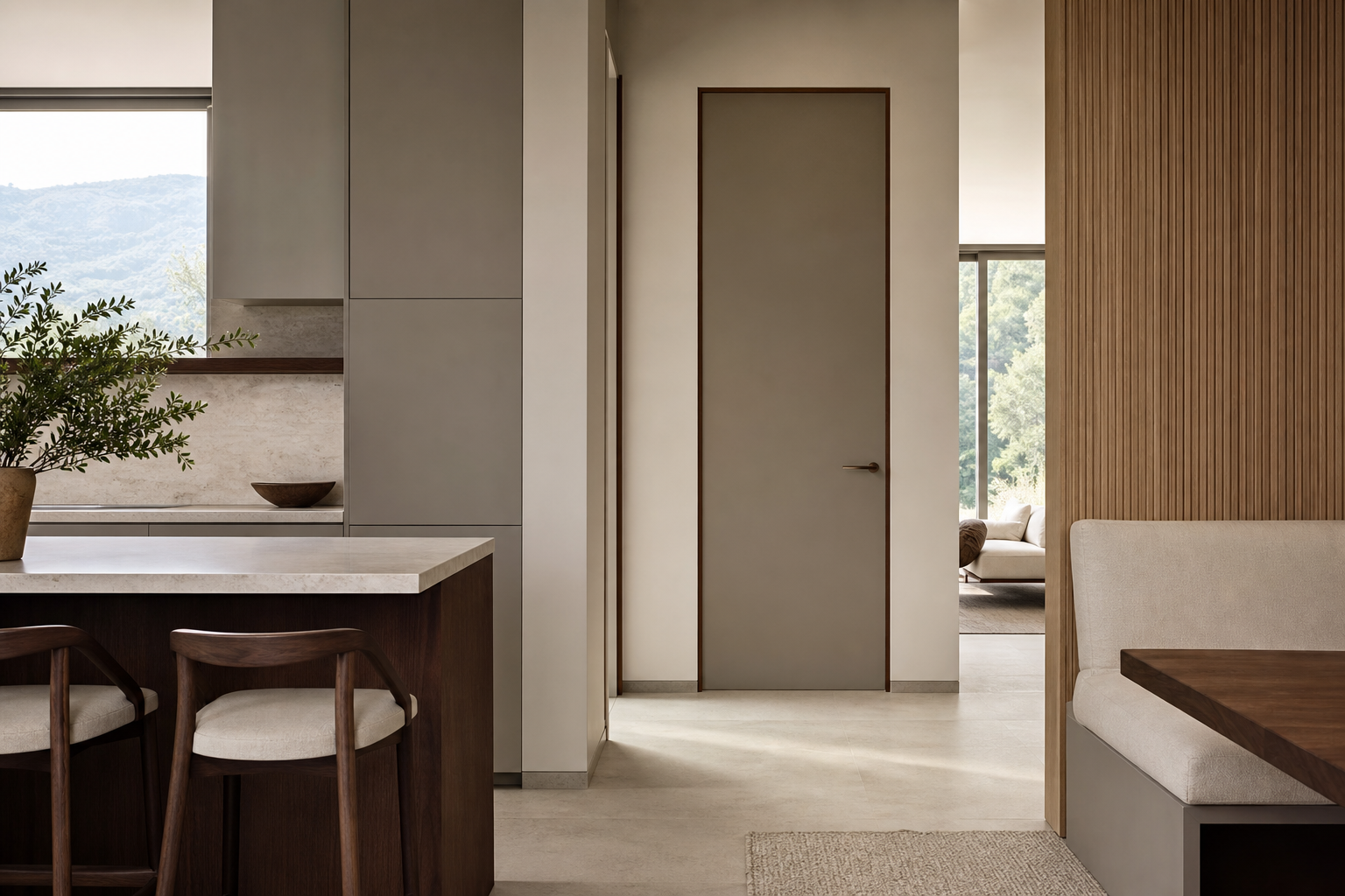 Fadior Silhouette Interior Door Suite with Spectral Oxide Passage Veil — interior room context showing cabinet integration