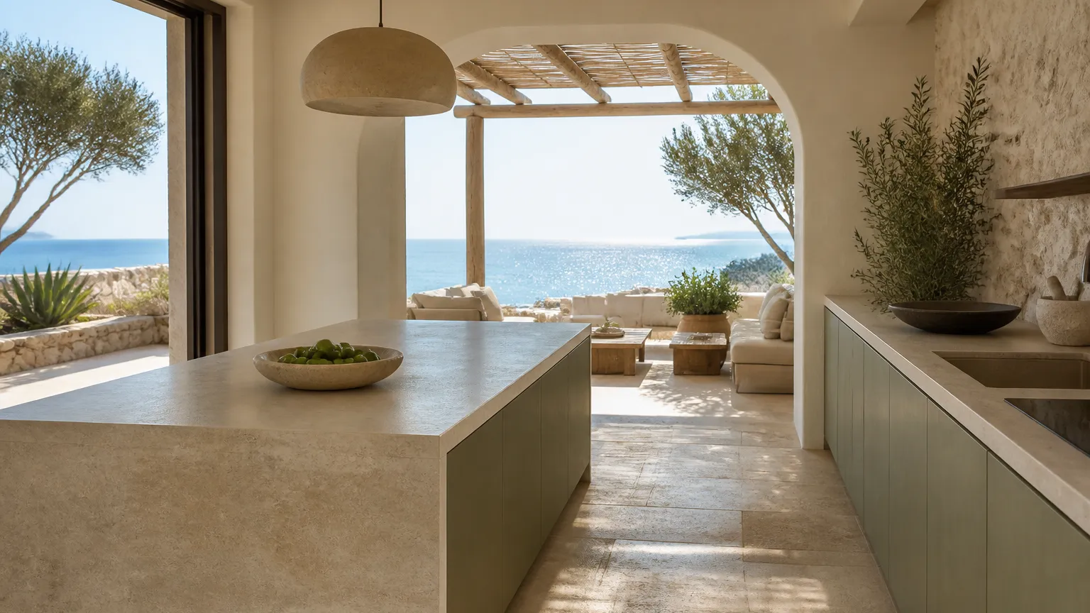 UAE villa kitchen with chalk-white surfaces and olive-green accents, showing a residential atmosphere for material planning.