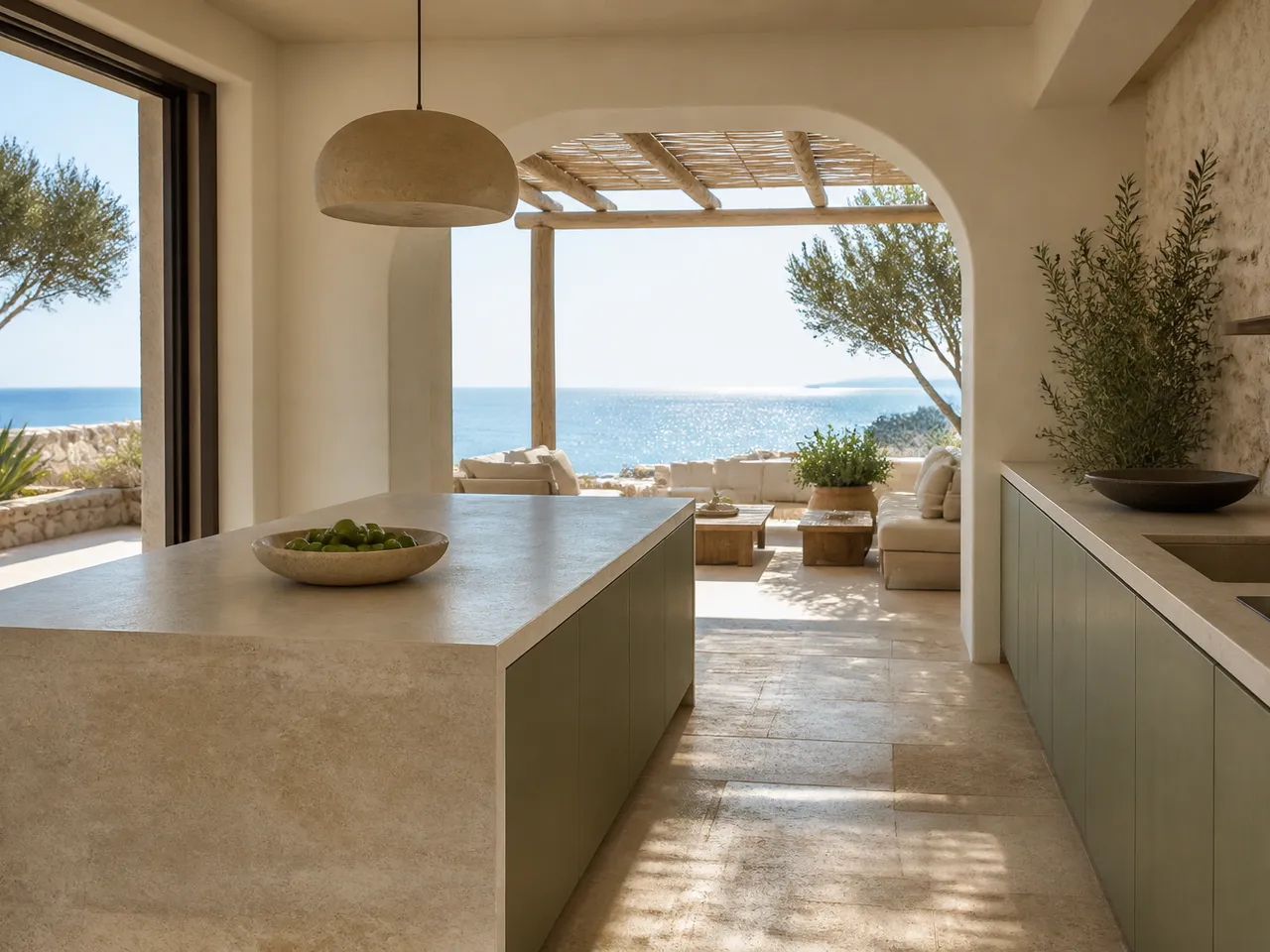 UAE villa kitchen with chalk-white surfaces and olive-green accents, showing a residential atmosphere for material planning. — 304 stainless steel cabinetry editorial by Fadior