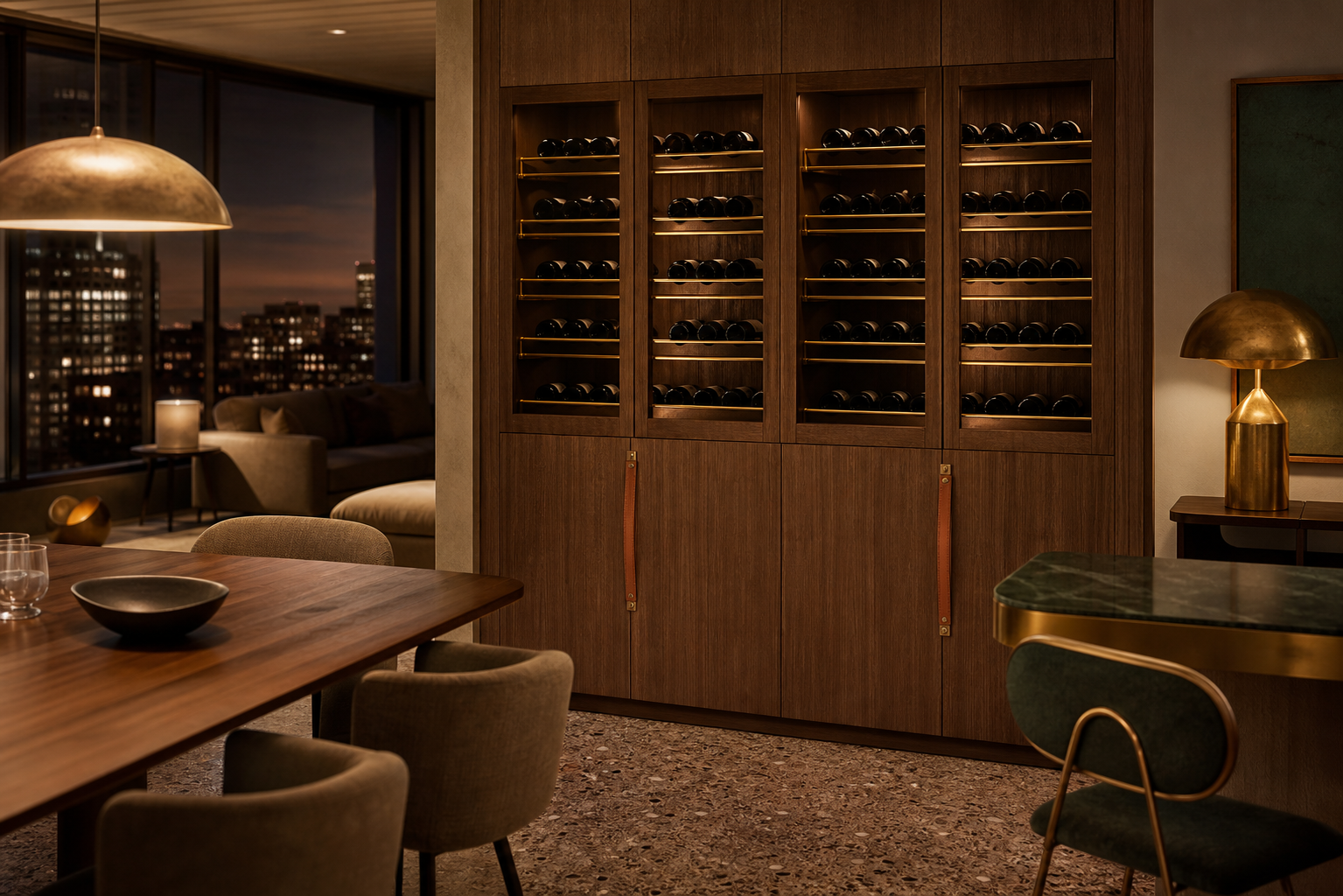 Fadior Gloria Wine Cabinet with Amber Cellar Service Wall — lifestyle setting with natural light and residential styling