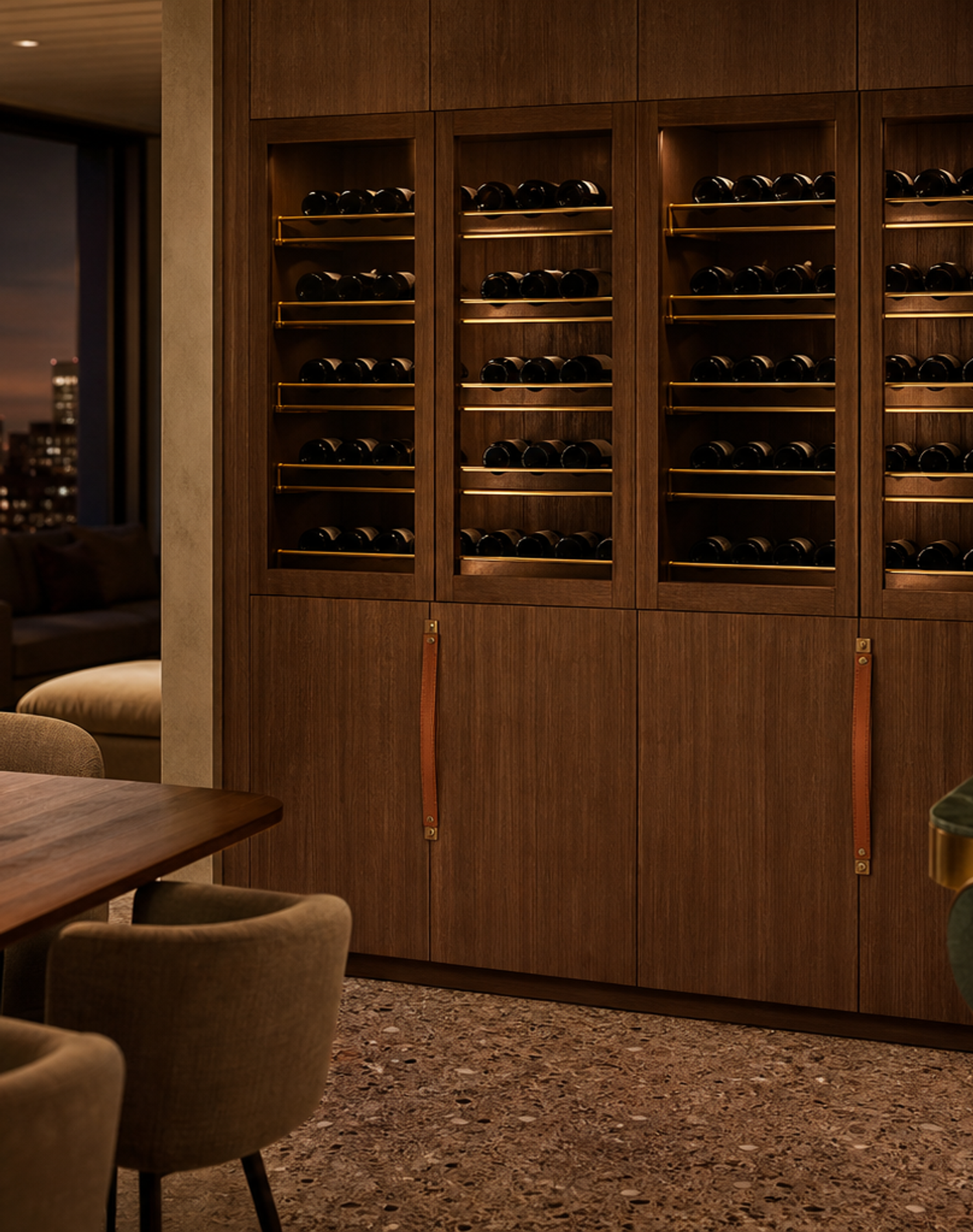 Fadior Gloria Wine Cabinet with Amber Cellar Service Wall — lifestyle setting with natural light and residential styling