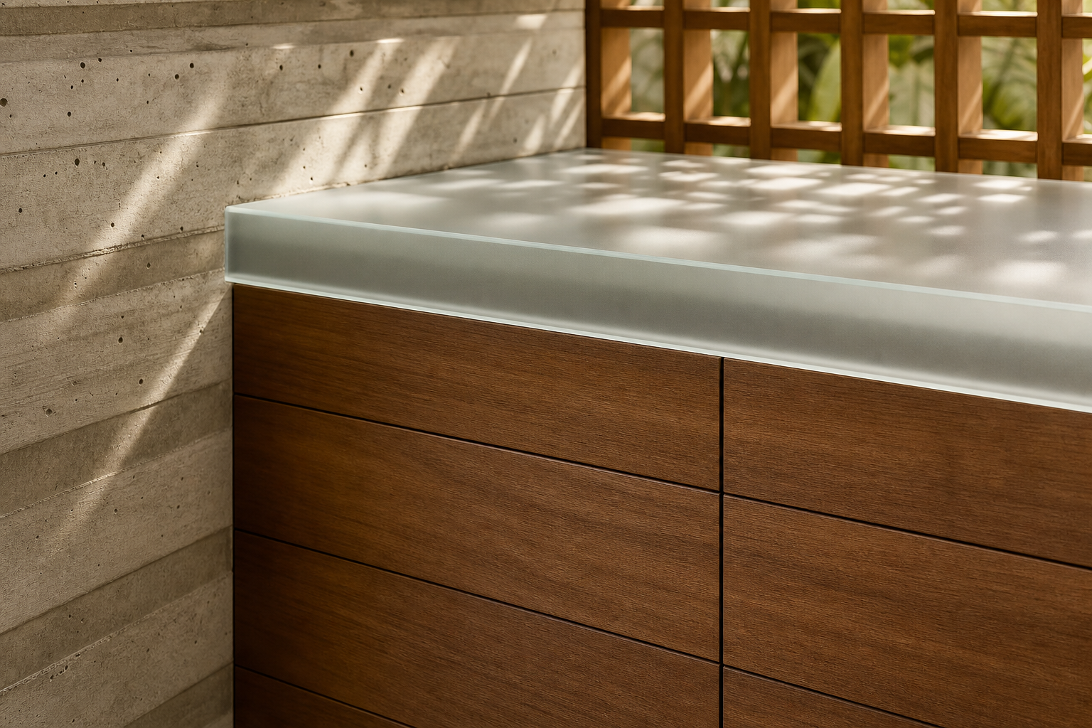 Fadior Aurora Mist Glass Breakfast Ledge — close-up of stainless steel finish and hardware detail