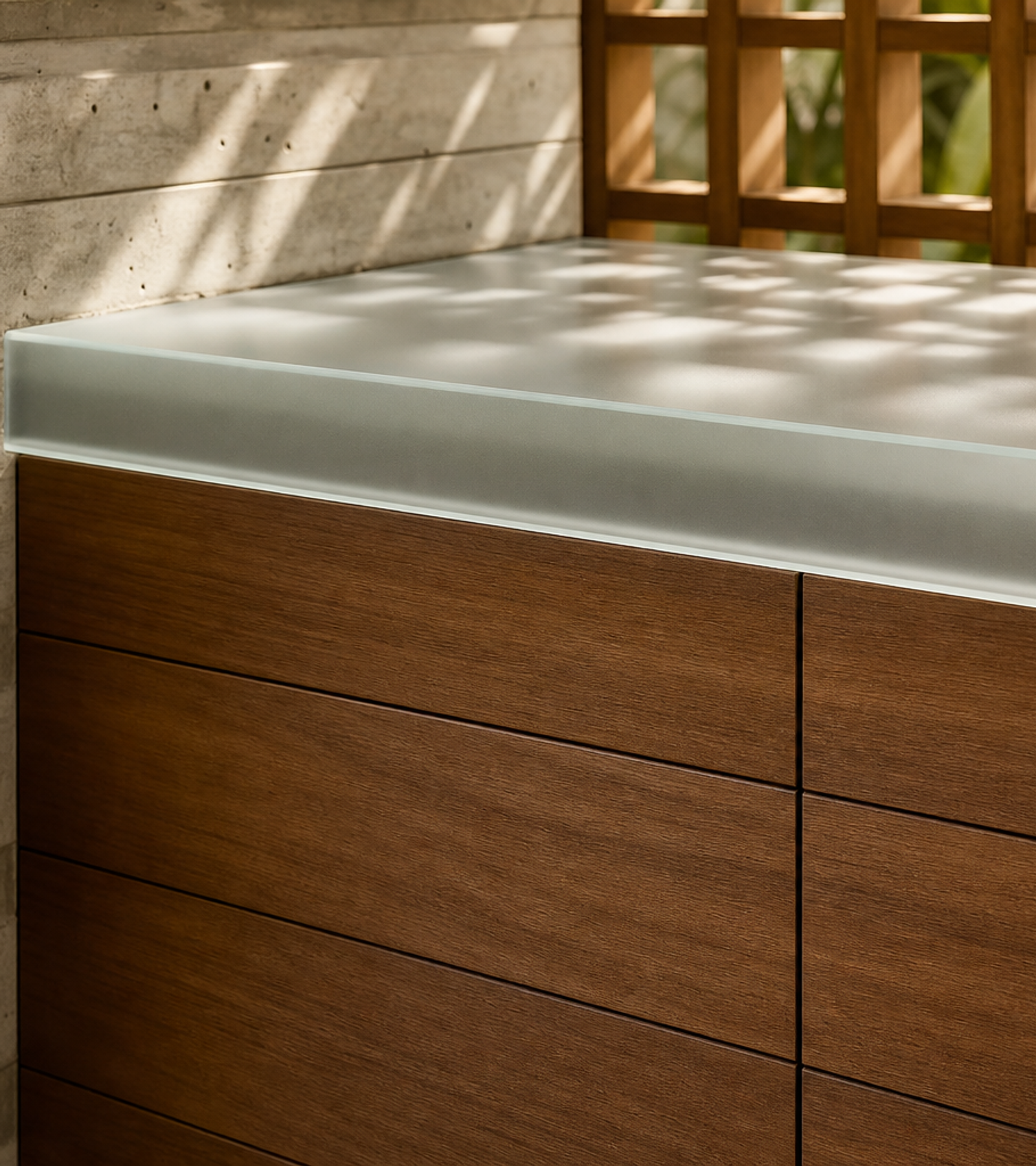Fadior Aurora Mist Glass Breakfast Ledge — close-up of stainless steel finish and hardware detail