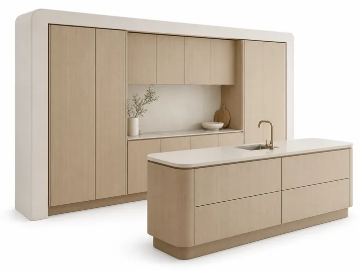 Fadior Pavilion Kitchen Suite with Linen Breakfast Prep Spine — 304 stainless steel kitchen system, front view