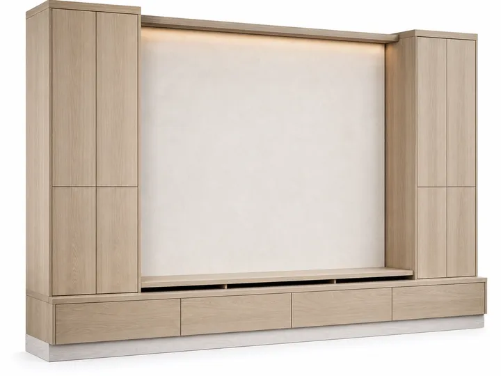 Fadior Patina Living Room Suite with Ribbon Ledge Audio Wall — 304 stainless steel living room system, front view