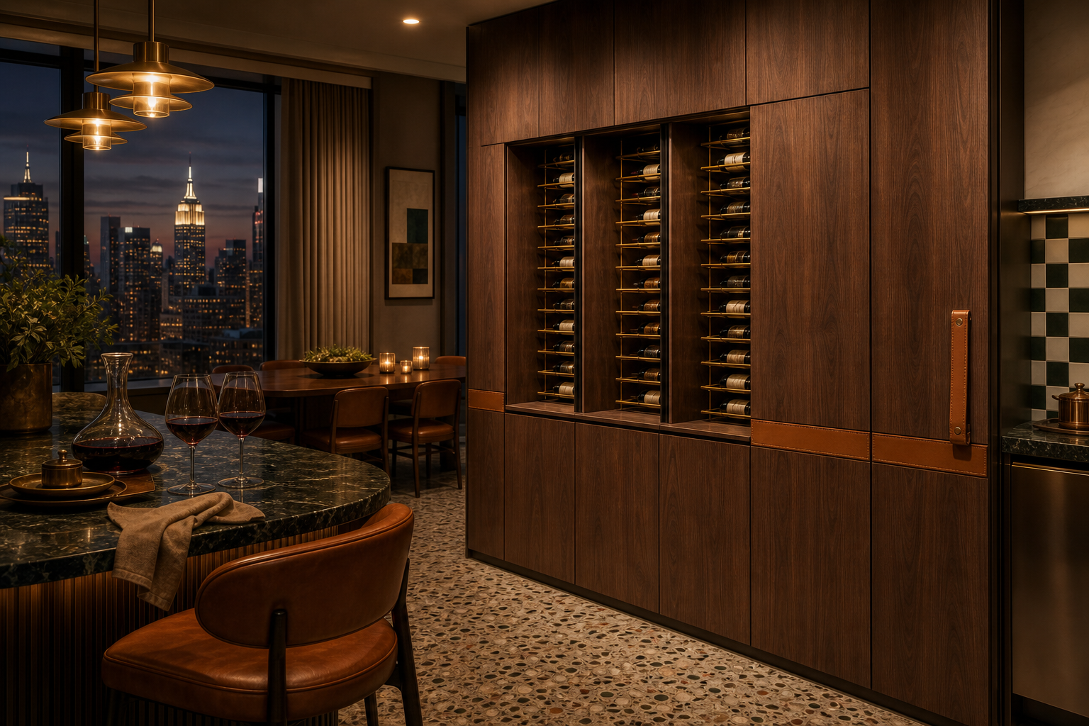 Fadior Estuary Wine Cabinet Suite with Cold-Finished Tasting Spine — lifestyle setting with natural light and residential