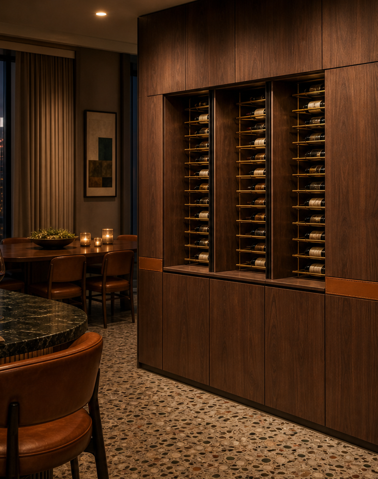 Fadior Estuary Wine Cabinet Suite with Cold-Finished Tasting Spine — lifestyle setting with natural light and residential