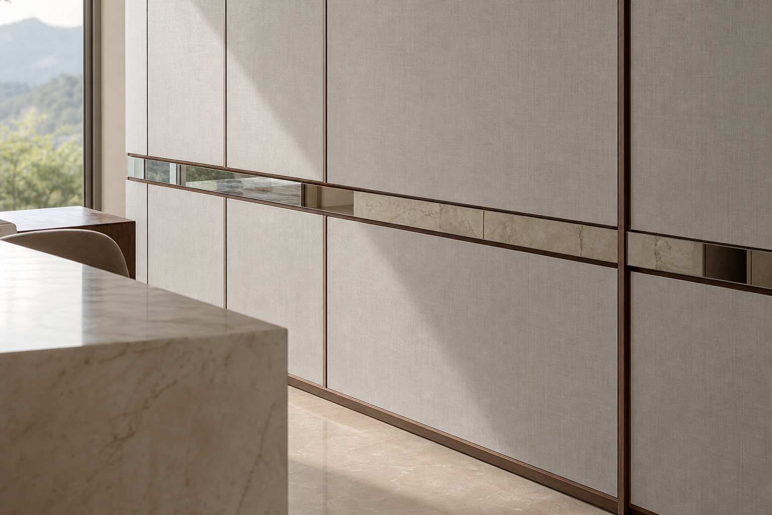 Fadior Miroir Wall Panel Suite with Layered Mirror Datum Wall — close-up of stainless steel finish and hardware detail