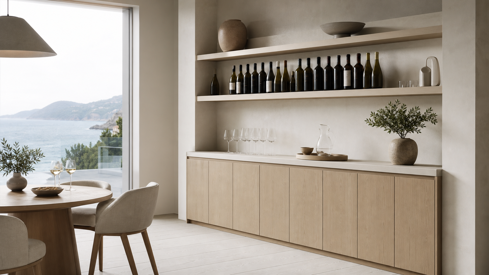 Fadior Gloria Wine Cabinet with Chalk Plaster Bottle Salon — lifestyle setting with natural light and residential styling