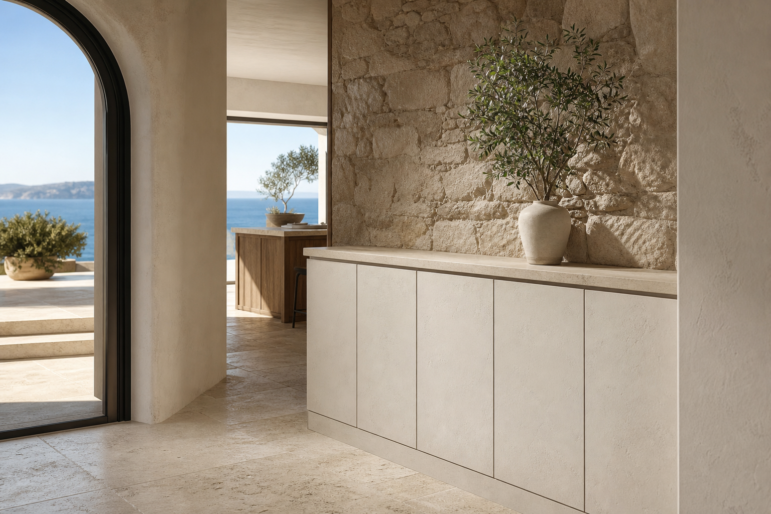 Fadior Ecliptic Entryway Suite with Casa Italia Arrival Servery — interior room context showing cabinet integration