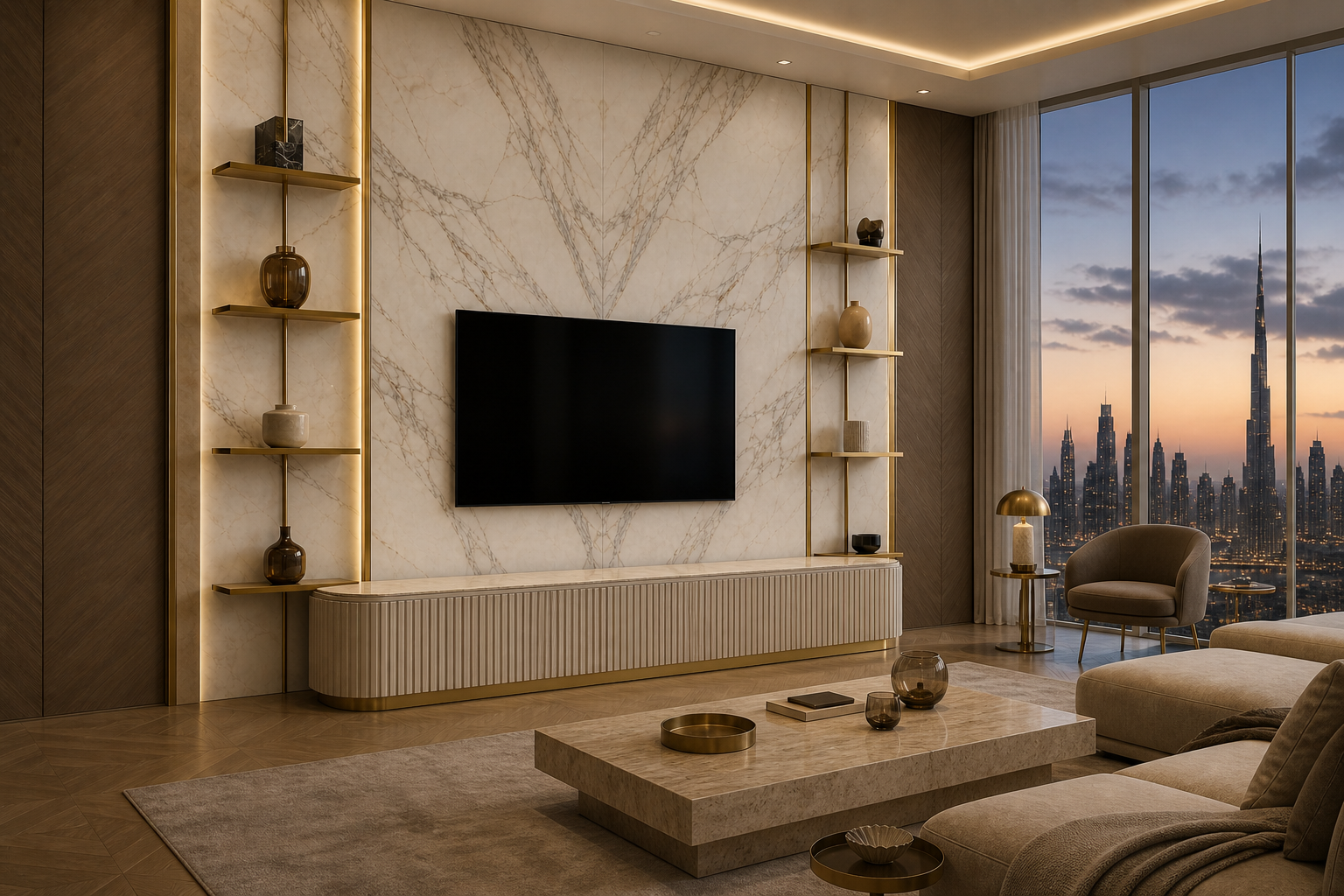 Fadior Galleria Living Room Suite with Fluted Stone Shelving Wall — lifestyle setting with natural light and residential styling
