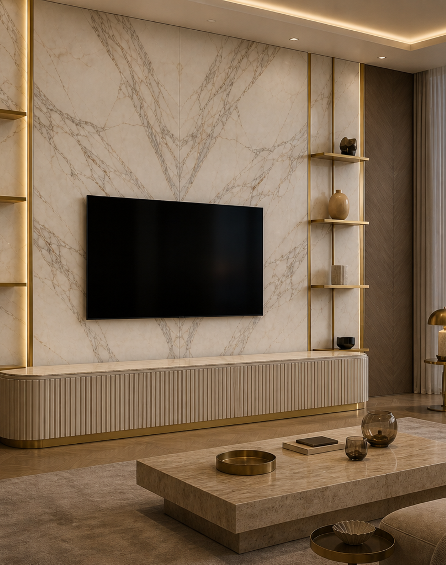 Fadior Galleria Living Room Suite with Fluted Stone Shelving Wall — lifestyle setting with natural light and residential styling