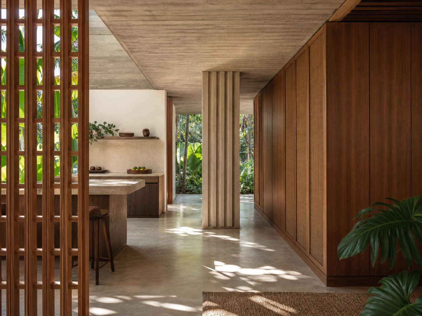 Fadior Terrazzo Wall Panel Suite with Fluted Mineral Portal — interior room context showing cabinet integration