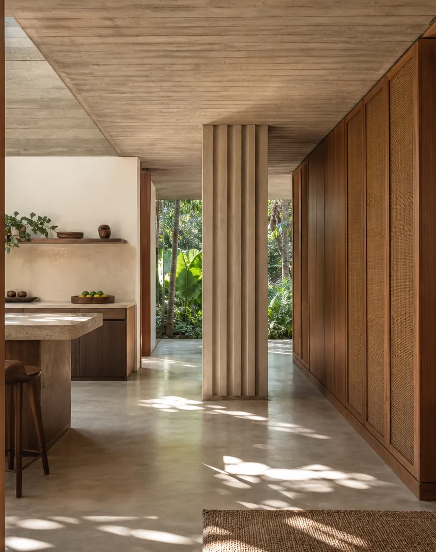 Fadior Terrazzo Wall Panel Suite with Fluted Mineral Portal — interior room context showing cabinet integration