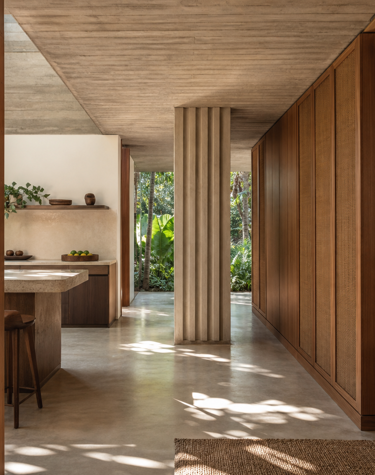 Fadior Terrazzo Wall Panel Suite with Fluted Mineral Portal — interior room context showing cabinet integration