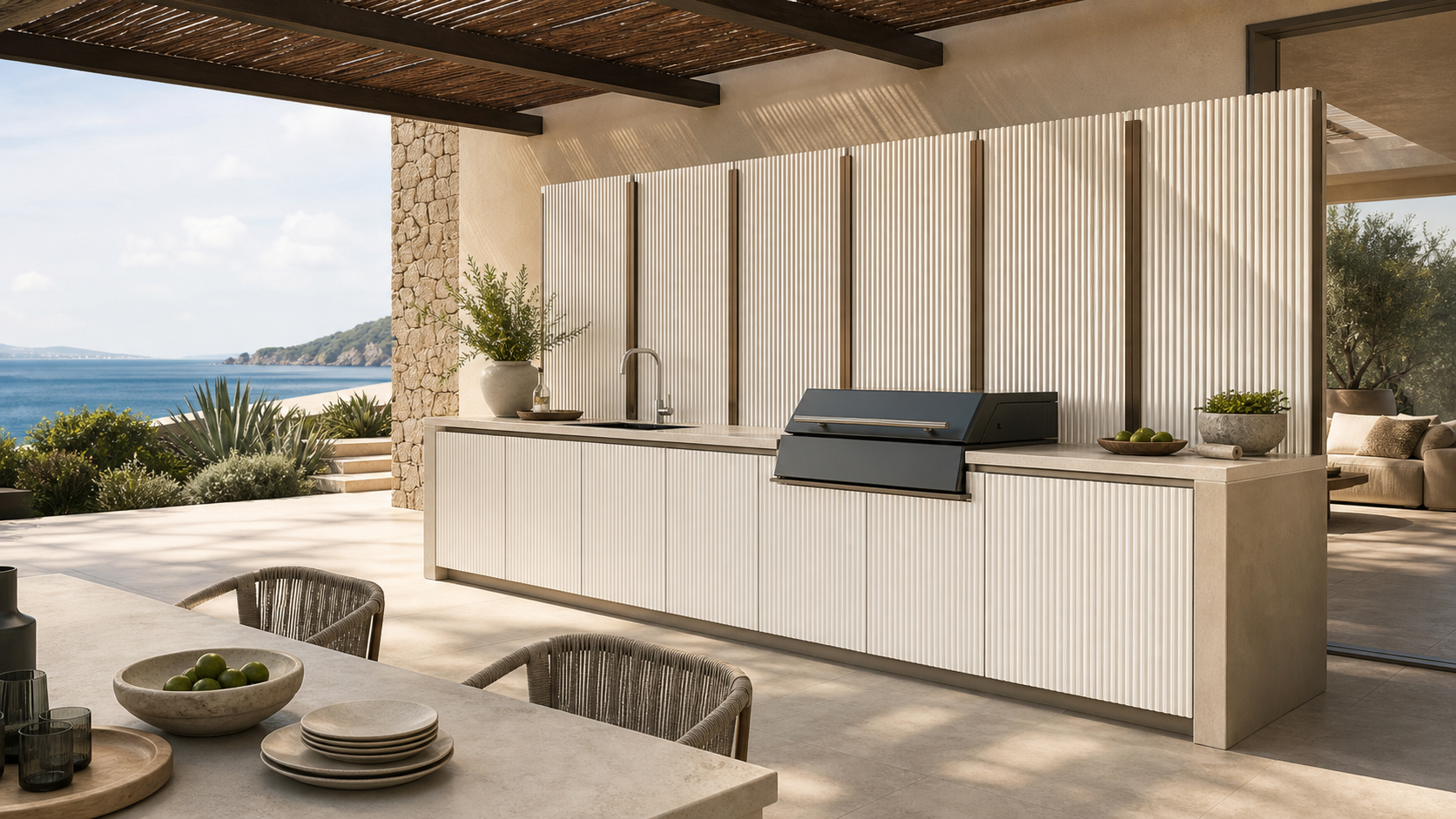 Fadior Horizon Outdoor Kitchen Suite with Coastal Panel Screen Prep Wall — lifestyle setting with natural light and