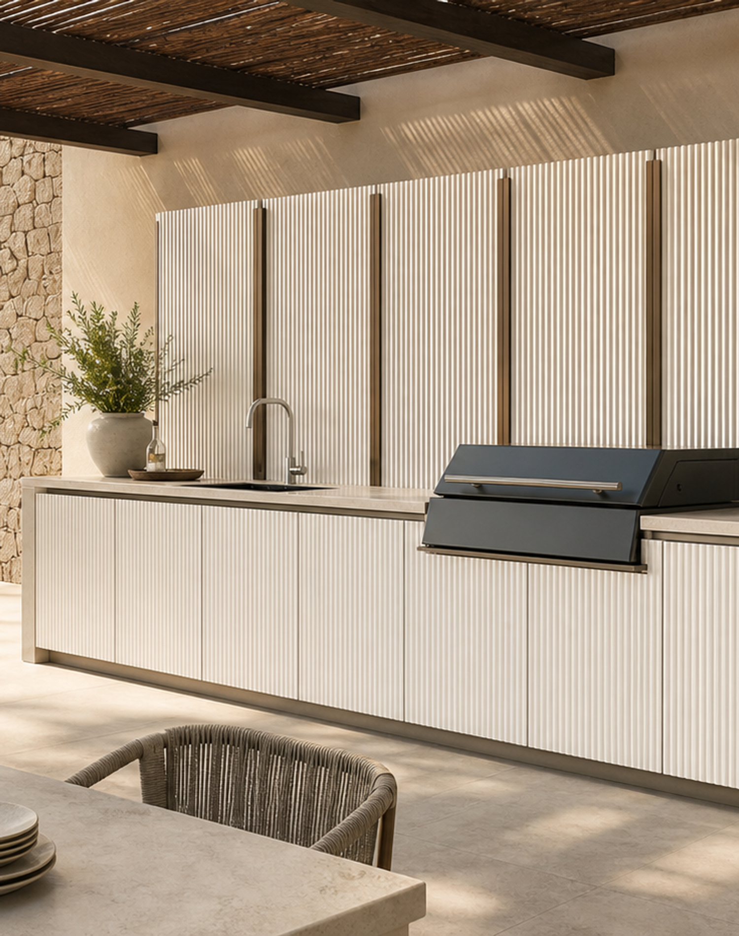 Fadior Horizon Outdoor Kitchen Suite with Coastal Panel Screen Prep Wall — lifestyle setting with natural light and