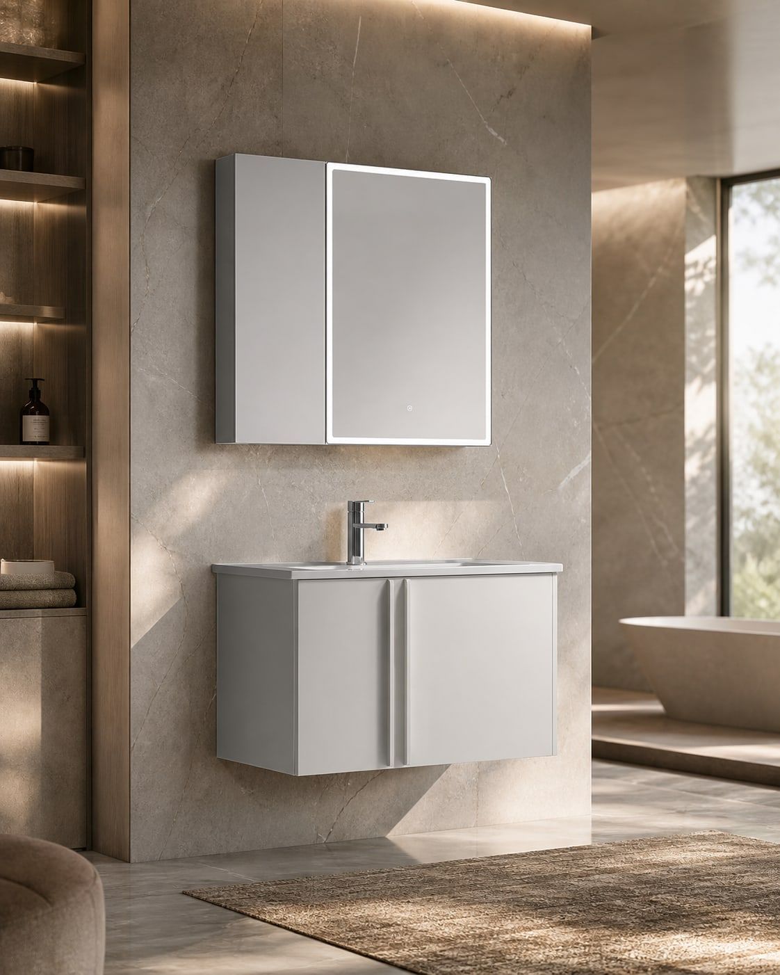 Bathroom Vanity Cabinet (BV-011) styled in a FADIOR HOME interior setting