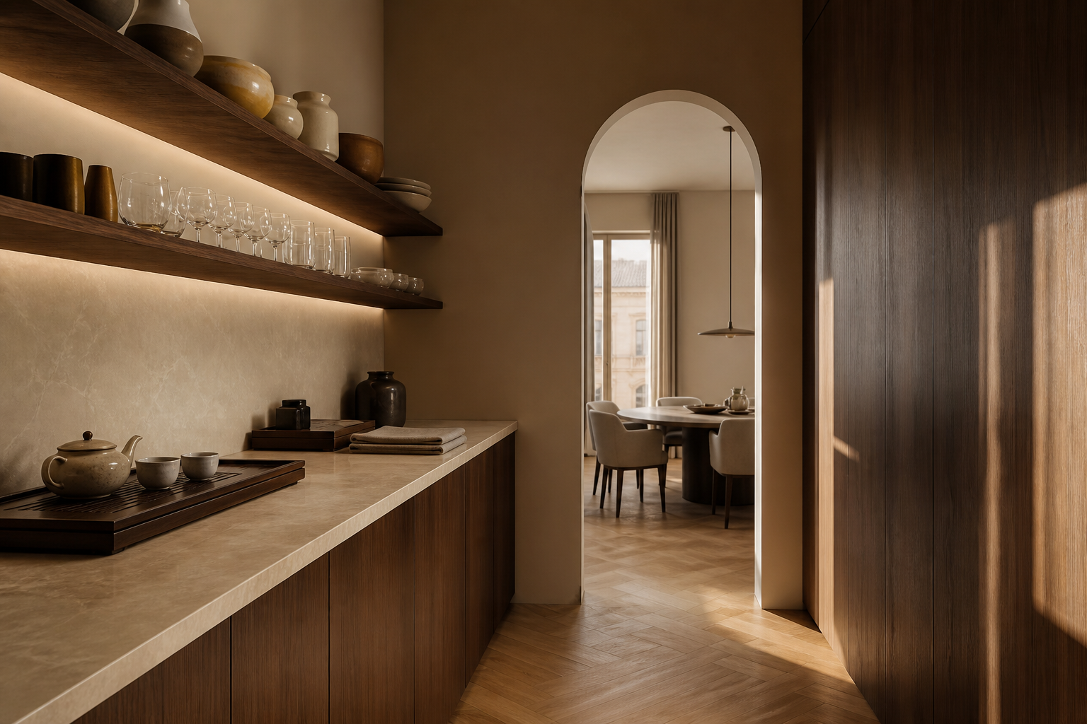 Fadior Milan 140 sqm Kitchen Penthouse — Milan Kitchen Penthouse — pantry, shelves, counter, cabinet, stone