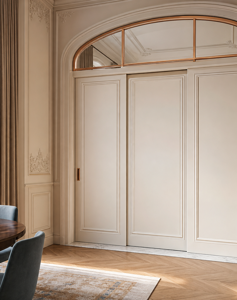 Fadior Alabaster Interior Door Suite with Bronze Clerestory Pivot Door — interior room context showing cabinet integration