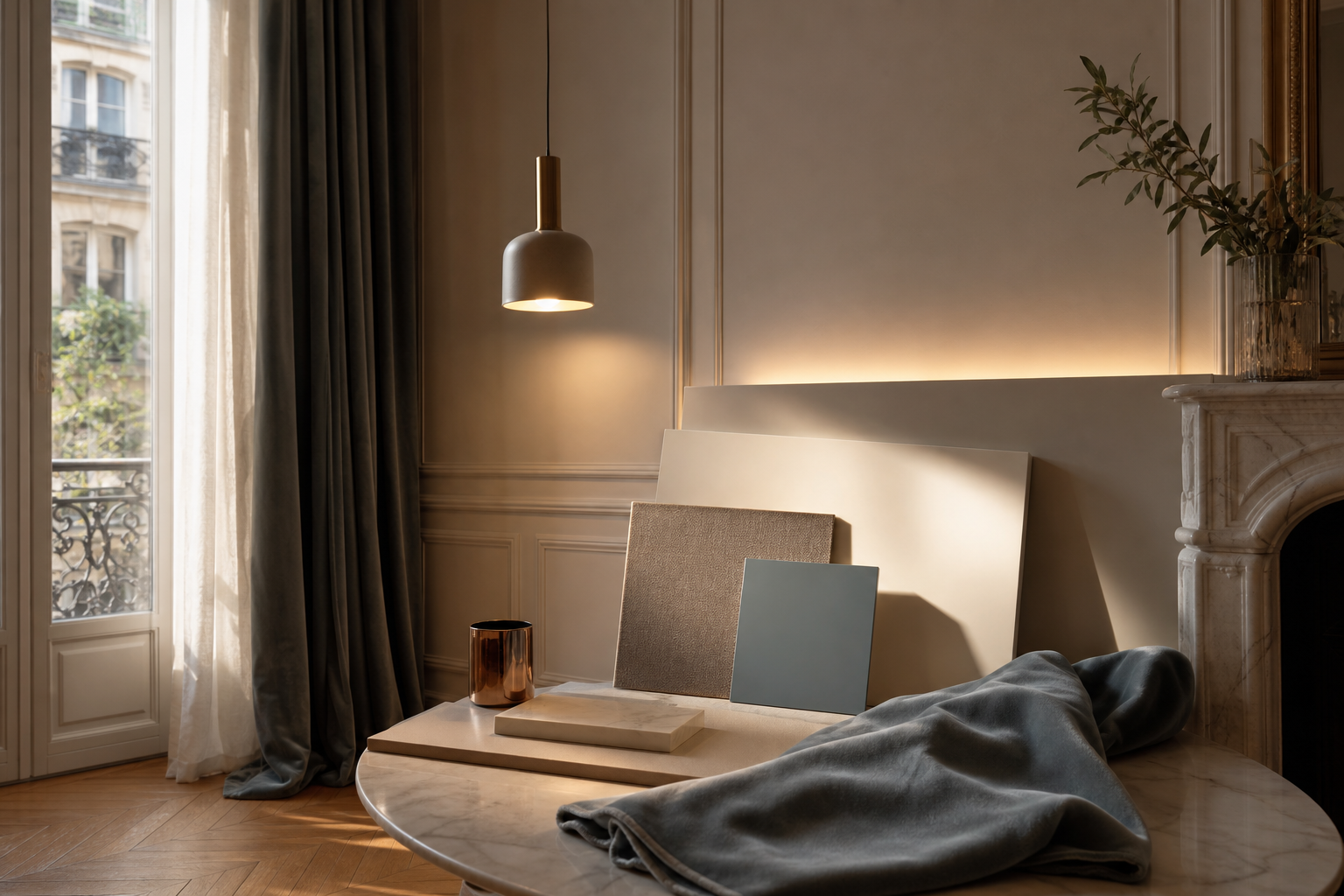 Kitchen material study with cream panels, slate blue sample, velvet drapery, and layered light purpose.