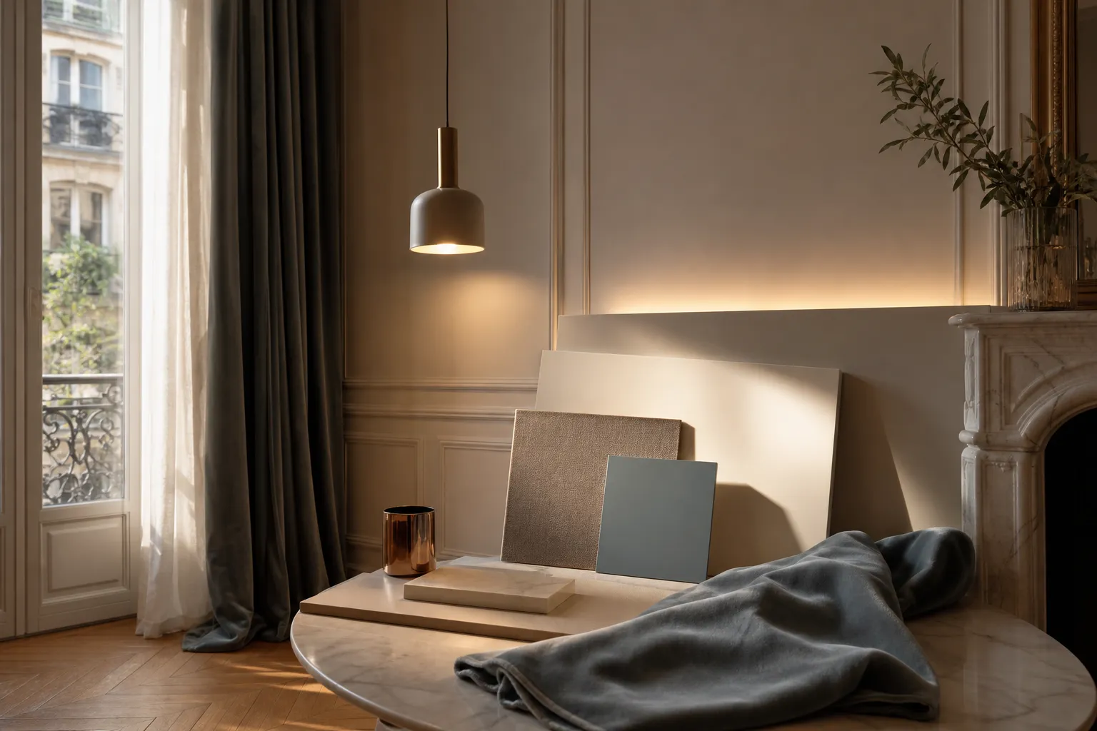 Kitchen material study with cream panels, slate blue sample, velvet drapery, and layered light purpose.