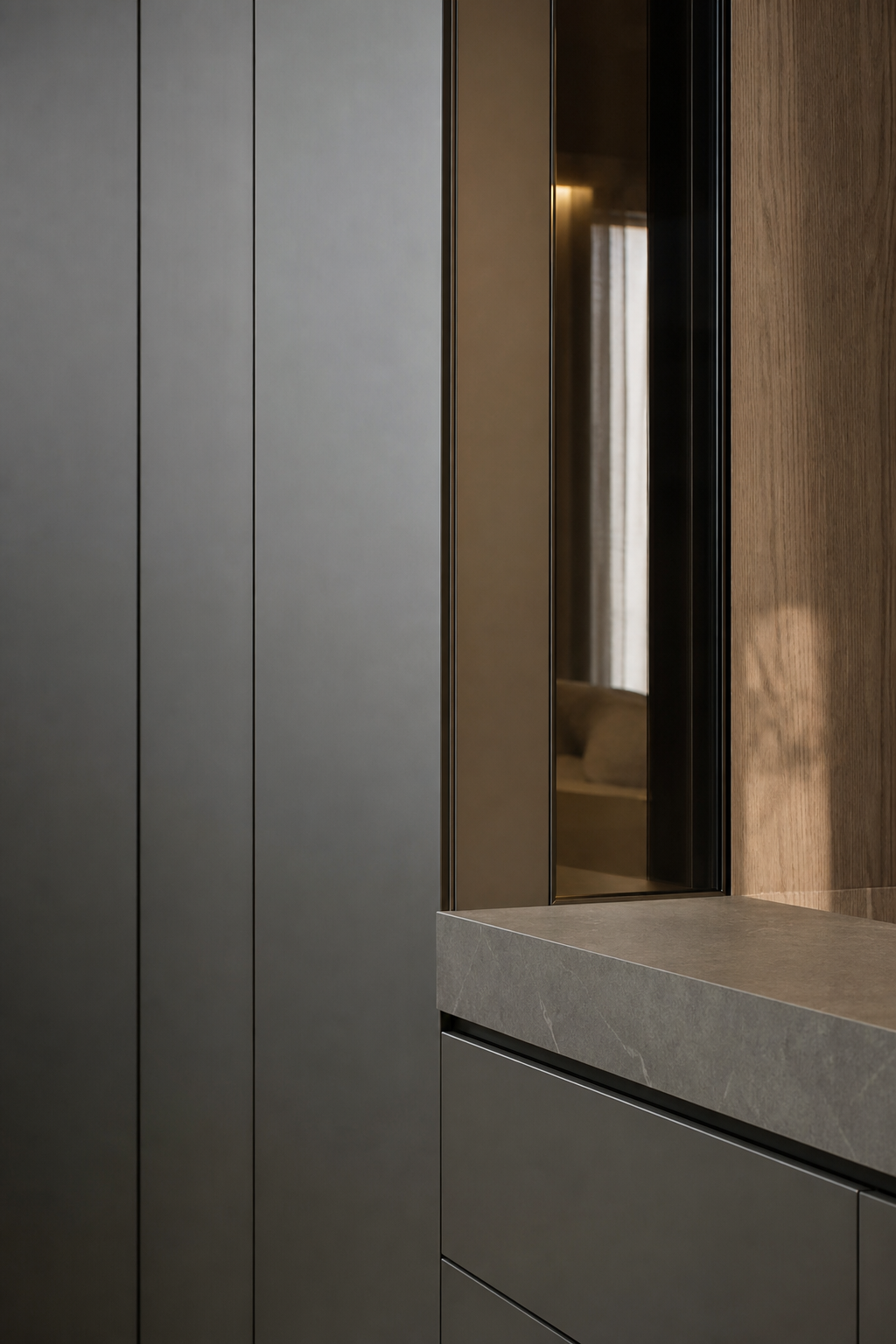 Fadior Eclipse Wardrobe Suite with Slate Pivot Dressing Alcove — close-up of stainless steel finish and hardware detail