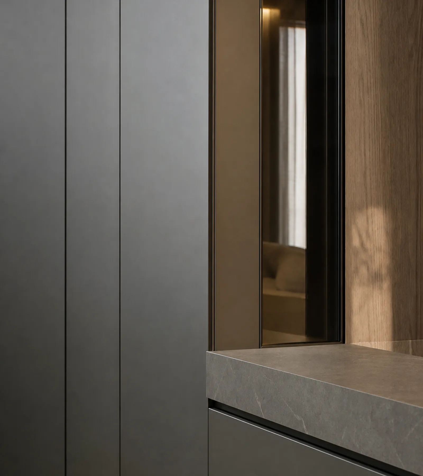 Fadior Eclipse Wardrobe Suite with Slate Pivot Dressing Alcove — close-up of stainless steel finish and hardware detail