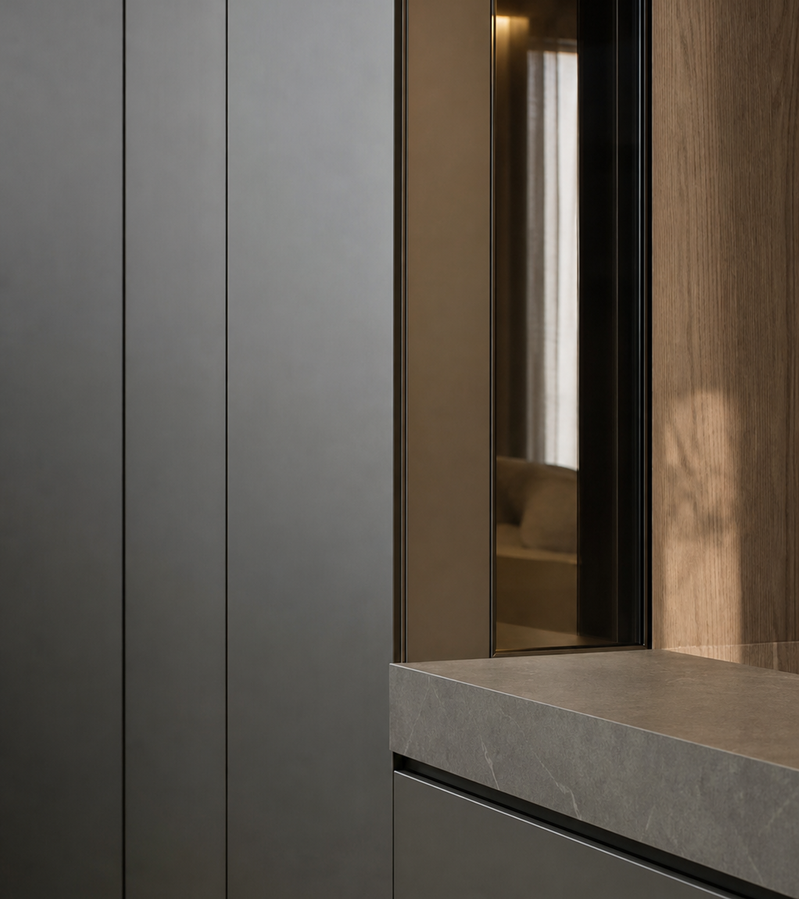 Fadior Eclipse Wardrobe Suite with Slate Pivot Dressing Alcove — close-up of stainless steel finish and hardware detail
