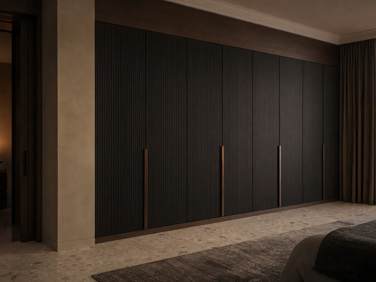 Fadior Onyx Wardrobe Suite with Charcoal Reeded Sleep Wall - custom 304 stainless steel wardrobe or walk-in closet with lighting, hanging, drawer storage, and residential finishes