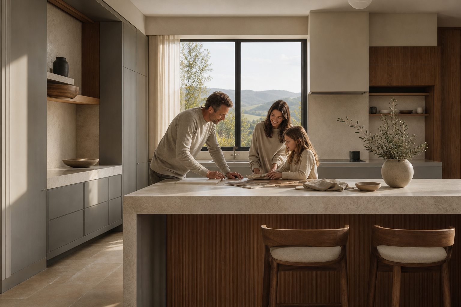 Material mood study with warm cabinet fronts, pale stone, and soft daylight for a durable kitchen guide.