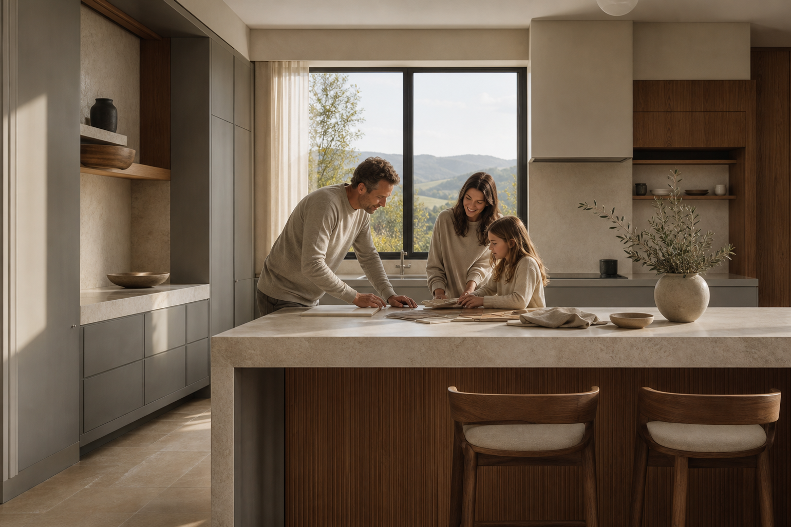 Material mood study with warm cabinet fronts, pale stone, and soft daylight for a durable kitchen guide.