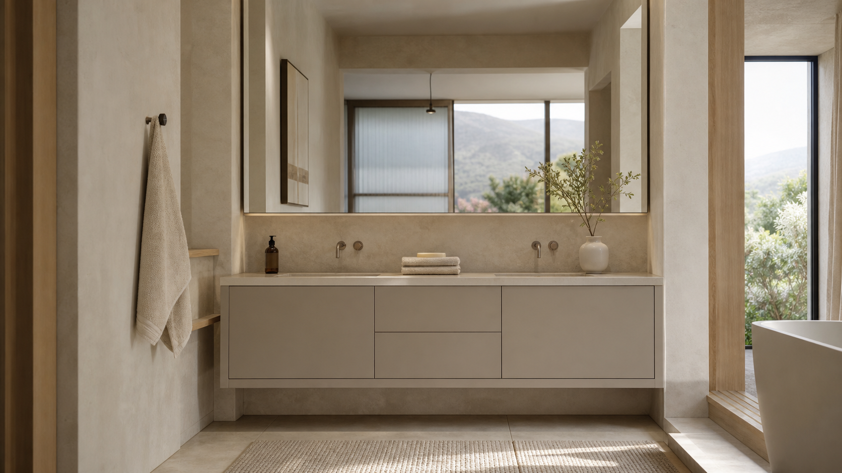Fadior Verve Bath and Vanity Suite with Limewash Double Basin Alcove — lifestyle setting with natural light and residential