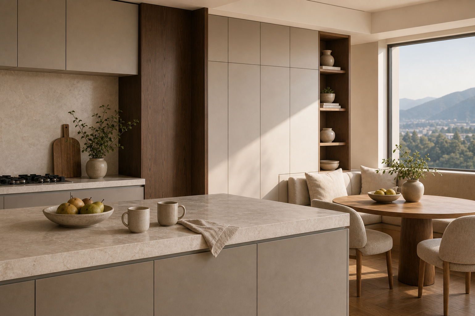 Residential context view of a kitchen breakfast nook with oak table, linen chairs, and stone island.
