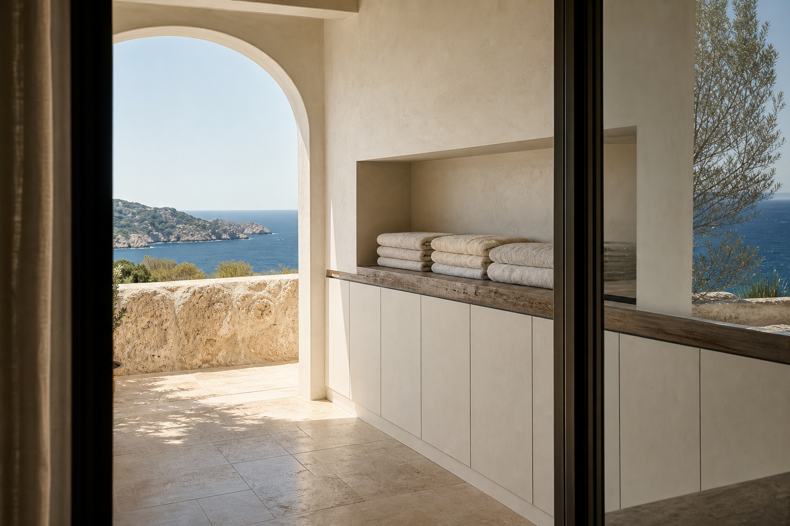 Fadior Aurora Balcony Suite with Monsoon Towel Drying Niche — lifestyle setting with natural light and residential styling